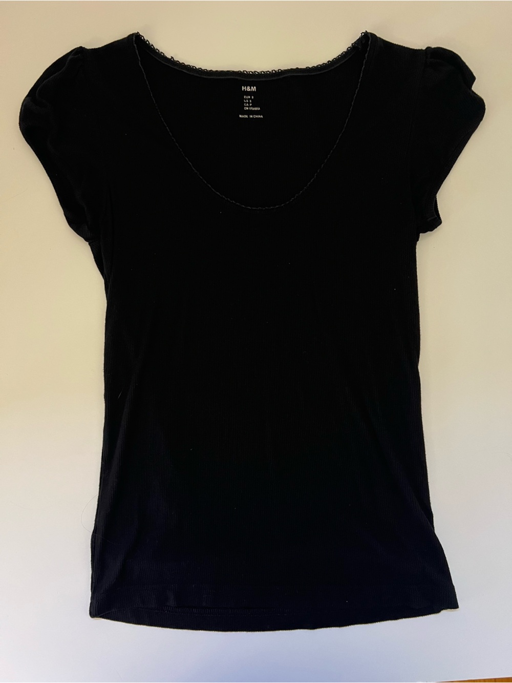 H&M Black Scoop Neck Short Cap Sleeve Ribbed Top T-Shirt Neutral Clean Girl Sz S